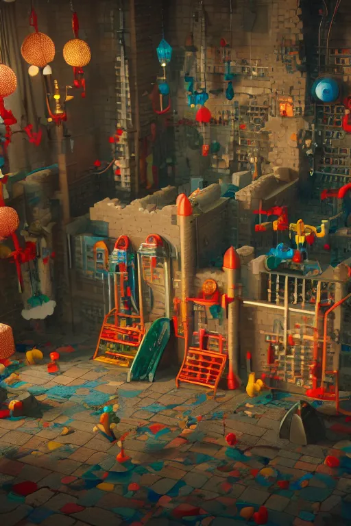 Prompt: render of fisher price dungeon with plastic torture devices, fisher price house plastic walls, cinematography by wes anderson, 4 k octane render, intricate detail, photorealistic, cinematic lighting, artstation