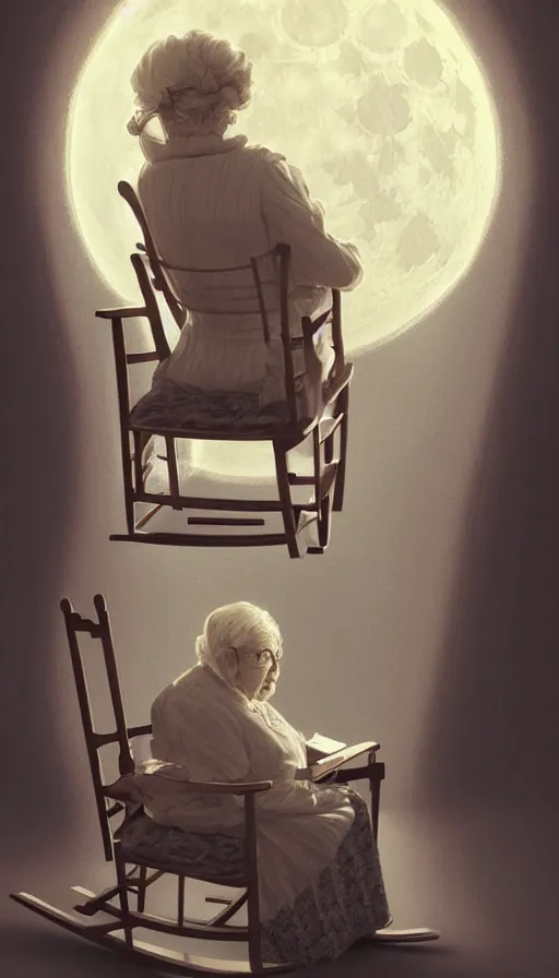 Image similar to portrait of an old lady in a rocking chair looking out of the window at the moon. old house. hyperdetailed, artstation, cgsociety, 8 k