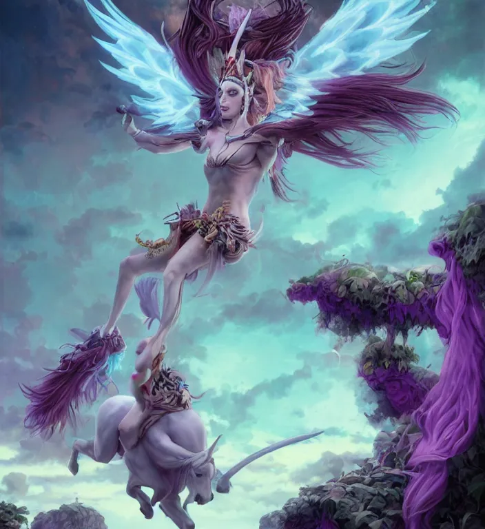 Prompt: a polaroid photo of, a majestic female centaur with white wings and with a horn on the forehead and purple hair and elf ears, backlit, strong rim light, highly detailed, digital painting, by Alvaro Castagnet + Peter Mohrbacher + Dan Mumford + vivid colors + high contrast, 8k resolution, intricate, photorealistic, smooth