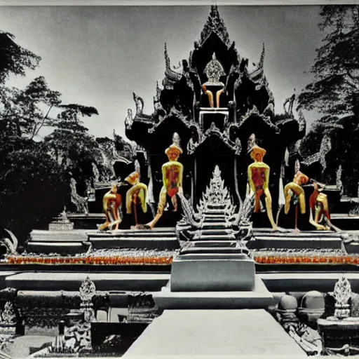 Prompt: photograph of sri lankan thai temple complex designed by yves tanguy, mark rothko, man ray, salvador dali, max ernst