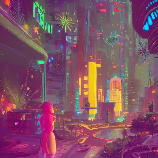 Prompt: forest and flower city, cyberpunk, futuristic, vivid colors, utopia by alayna danner and dang my linh