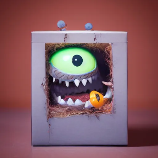 Image similar to cute monster in a box by Greg Rutkowski, product photography, centered, studio lightning