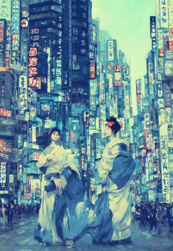 Image similar to geisha in front of shibuya. cyberpunk. beautiful blue sky. gorgeous epic nature, lofi, vivid colors, amazing light, by jeremy lipkin, by claude monet, heavily inspired by makoto shinkai, inspired by ghibli, masterpiece, multiple brush strokes, impressionist style