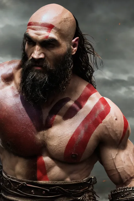 Image similar to film still from god of war, a highly detailed beautiful closeup photo of jason momoa kratos with long windblown wet hair holding a sword and fighting zombies on a pile of human skulls, spartan warrior, olympian god, muscular!,, action pose, ambient lighting, volumetric lighting, octane, fantasy