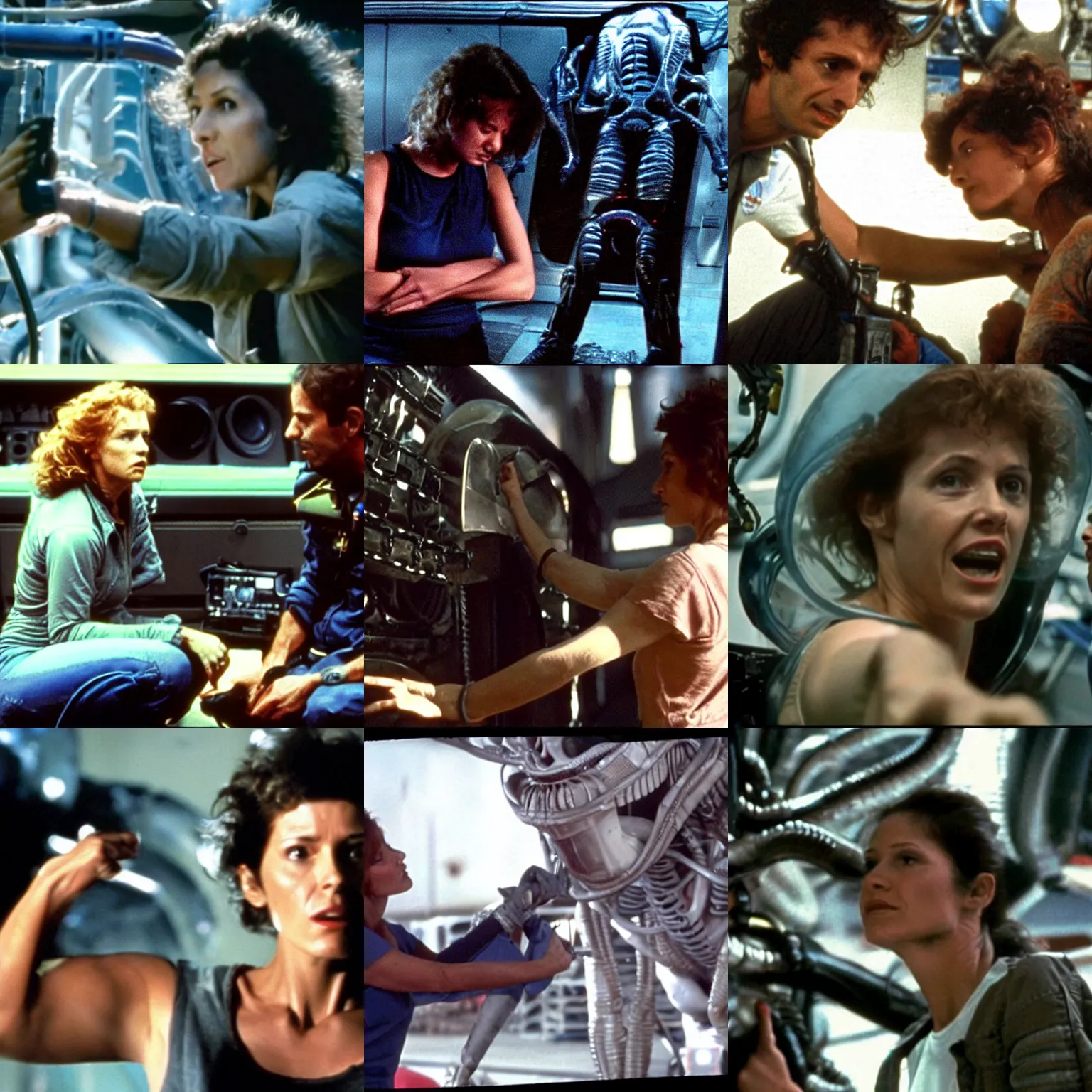 Prompt: a screenshot of a woman betraying a mechanic in the movie Alien