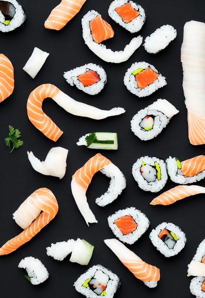 Prompt: sushi, hyper minimalist geometric graphic design in the style of buro destrukt and die gestalten verlag