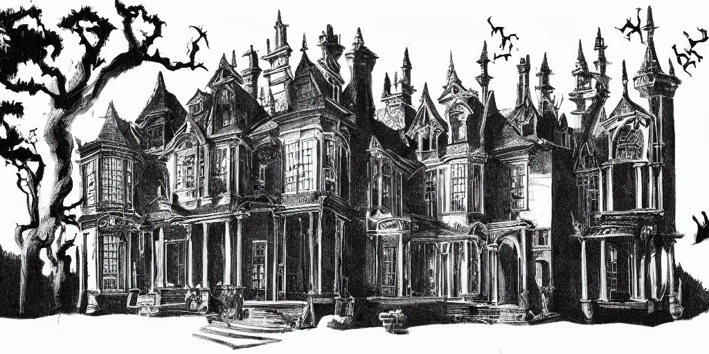 Image similar to technical drawing of a haunted mansion, hyper realistic, dramatic shadows, gothic