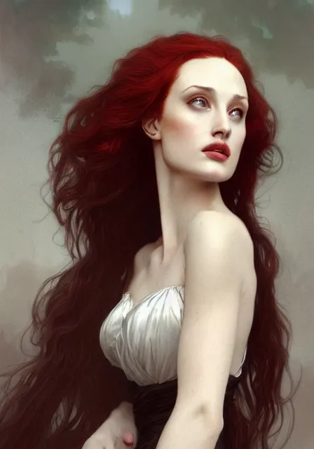 Image similar to sansa angeline jolie gessica chastain victorian vampire, intricate, elegant, highly detailed, digital painting, artstation, concept art, smooth, sharp focus, illustration, art by artgerm and greg rutkowski and alphonse mucha and william - adolphe bouguereau