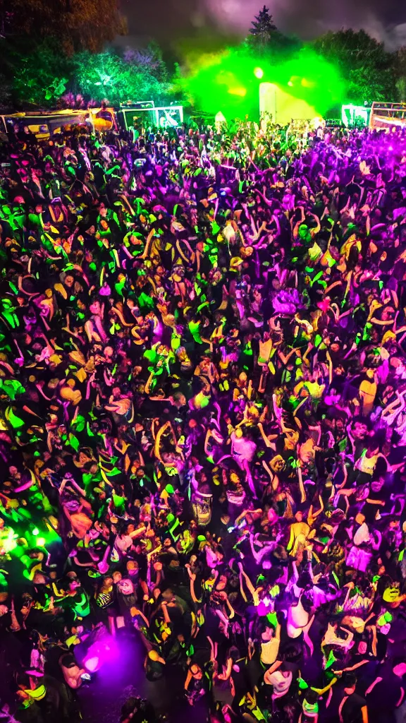 Prompt: a crowded park outside, where a rave is going on, disco lighting, photography,