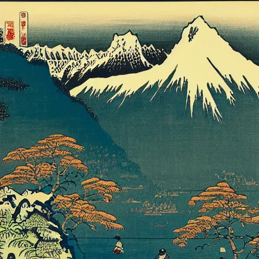 Image similar to Lauterbrunnen in the summer. woodblock print by Hokusai, masterpiece