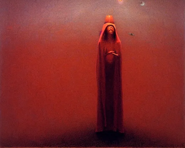 Image similar to by francis bacon, beksinski, mystical redscale photography evocative. devotion to the scarlet woman, priestess in a conical hat, coronation, ritual, sacrament