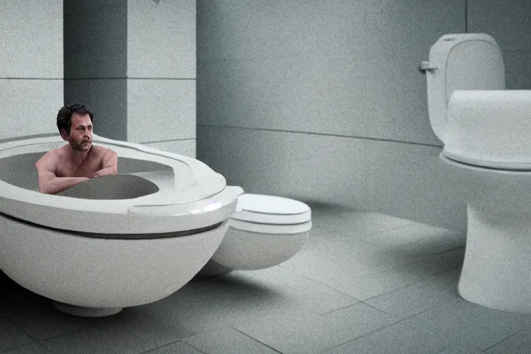 Image similar to hyperrealism aesthetic ridley scott style photography of detailed giant peeing in detailed ultra huge toilet bowl in surreal scene from detailed art house movie in style of denis villeneuve and wes anderson