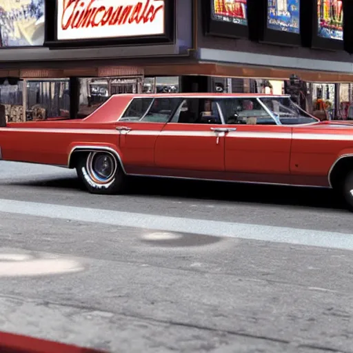 Prompt: side view of lincoln continentals in times square in the 1 9 7 0 s, photorealistic, hyperdetailed 3 d matte painting, hyperrealism, hyperrealistic, cinematic, unrealengine octane render