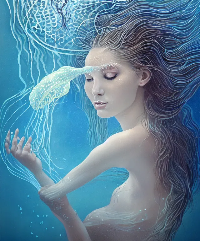 Image similar to underwater portrait of a goddess mermaid with (reaction diffusion) scaled fish skin Bioluminescent phoenix jellyfish, energy rays, Her breath shot a haze of steam out into the frosty morning air concept, soft light, soft mood, realistic body features and face, illustration,intricate ornament halo, painting oil on canvas by Elena Zhurikhina and Goro Fujita and Charlie Bowater, octane render trending on artstation, 4k, 8k, HD