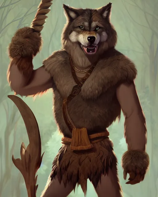 Image similar to burly tough character feature portrait of the anthro male anthropomorphic wolf fursona animal person wearing tribal primitive caveman loincloth outfit belt standing in the entrance to the cave, center framed character design stylized by charlie bowater, ross tran, artgerm, makoto shinkai, detailed, soft lighting, rendered in octane