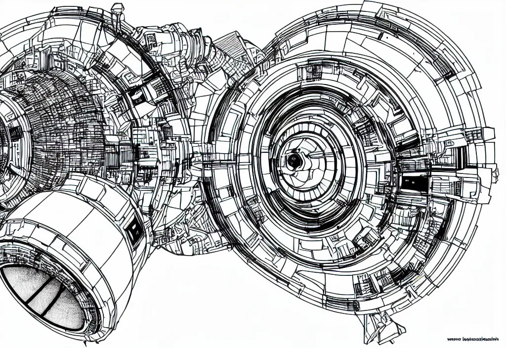 Prompt: b & w technical drawing of a sci - fi plasma engine, side view, sharp detail, line art