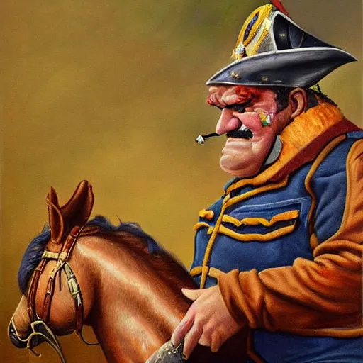 Prompt: Realistic Wario oil painting riding a horse into battle and dressed like napoleon