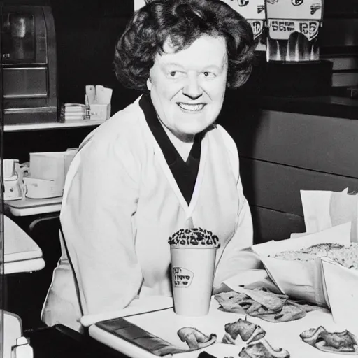 Prompt: color photo of julia child working at burger king