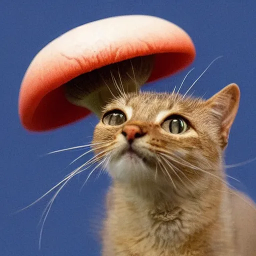 Prompt: a small domestic housecat with a fruiting mushroom growing atop its head
