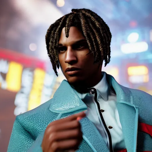 Image similar to a videogame still of A$AP Rocky in Tekken 7, 40mm lens, shallow depth of field, split lighting