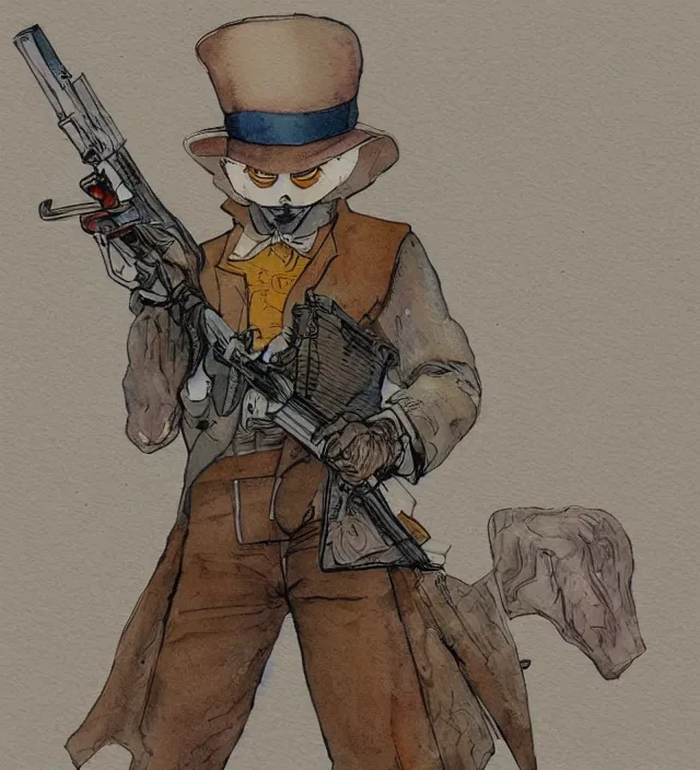 Image similar to a 3 / 4 view watercolor ink painting of an anthropomorphic bunny gunslinger posing with their revolver - rifle in the style of jean giraud in the style of moebius trending on artstation deviantart pinterest detailed realistic hd 8 k high resolution