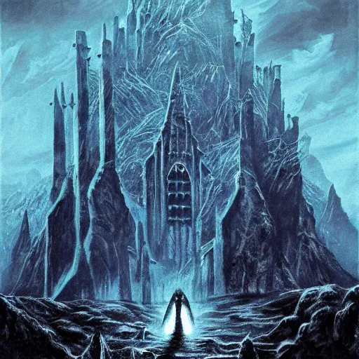 Image similar to ghosts haunting Minas Morgul, black metal artwork, blue color scheme, highly detailed