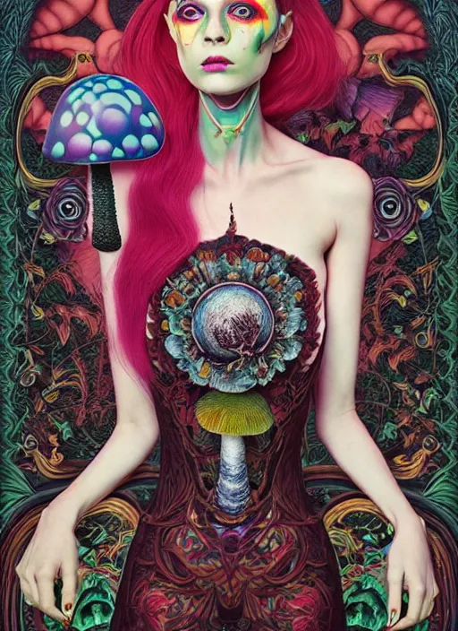 Image similar to pretty goth model with hallucination mushroom : : by martine johanna and simon stalenhag and chie yoshii and casey weldon and wlop : : ornate, dynamic, particulate, rich colors, intricate, elegant, highly detailed, vogue, harper's bazaar art, fashion magazine, smooth, sharp focus, 8 k, octane render,