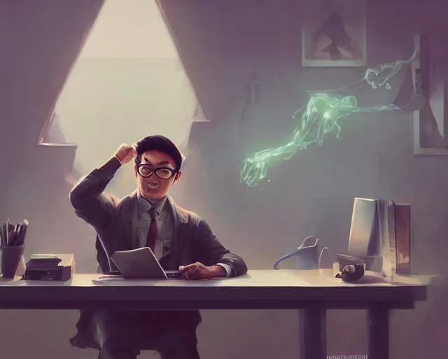 Image similar to an insanely detailed painting of a nerdy asian man wearing a superhero costume, sitting at a desk, staring at the nervously at the computer and typing, in the style of peter mohrbacher, dramatic lighting and composition, octane render, pixar, trending on artstation, concept art, comic book, view from behind