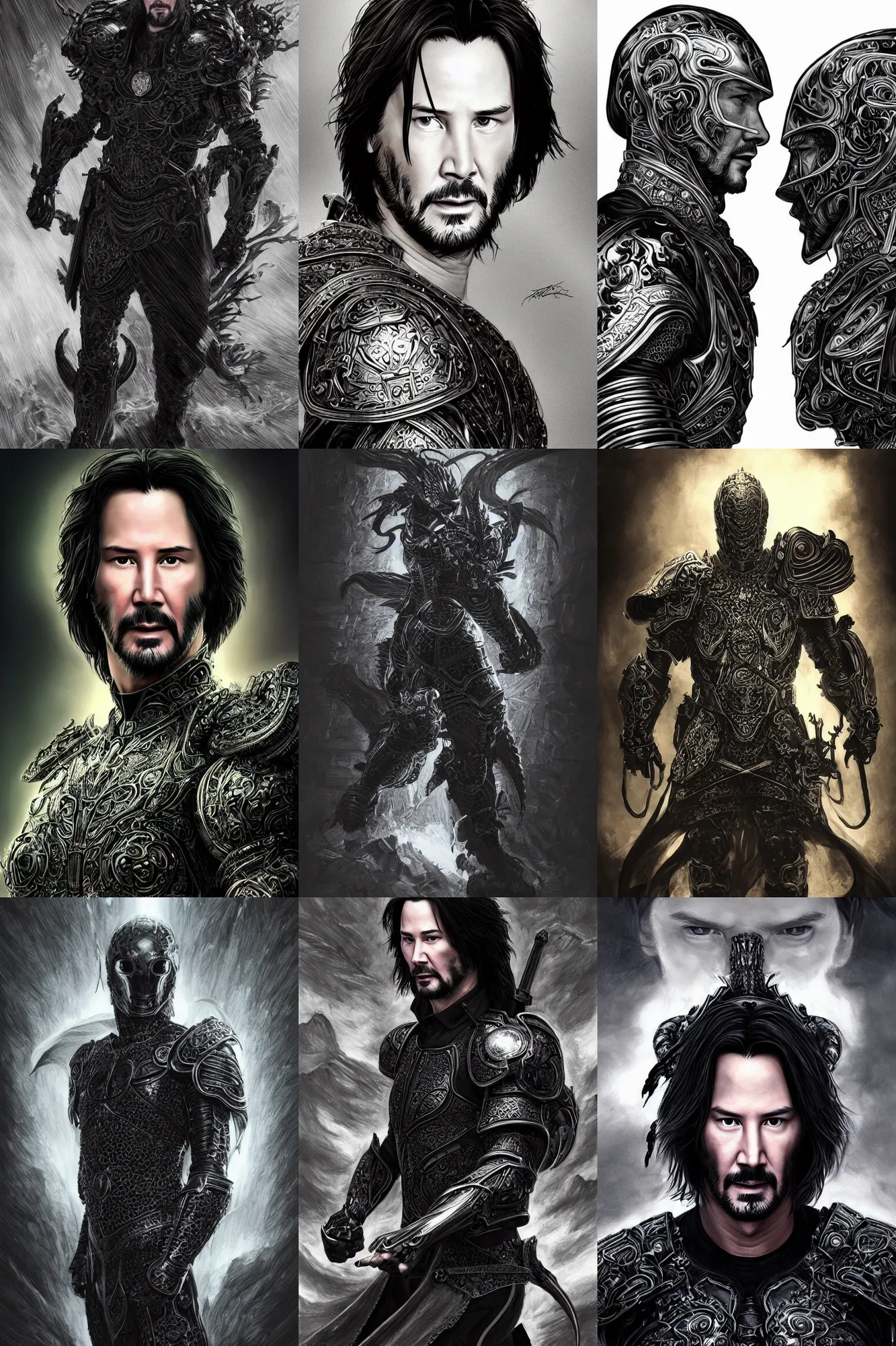 Prompt: professional portrait drawing, beautiful keanu reeves in black dragon armor, intricate, epic lighting, cinematic composition, hyper realistic, 8k resolution, unreal engine 5, by Artgerm, tooth wu, dan mumford, beeple, wlop, rossdraws, James Jean, Andrei Riabovitchev, Marc Simonetti, yoshitaka Amano, Artstation