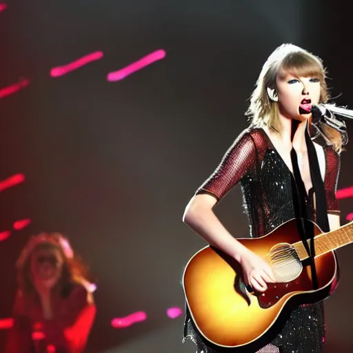 Image similar to Taylor Swift performing on stage, Martian background