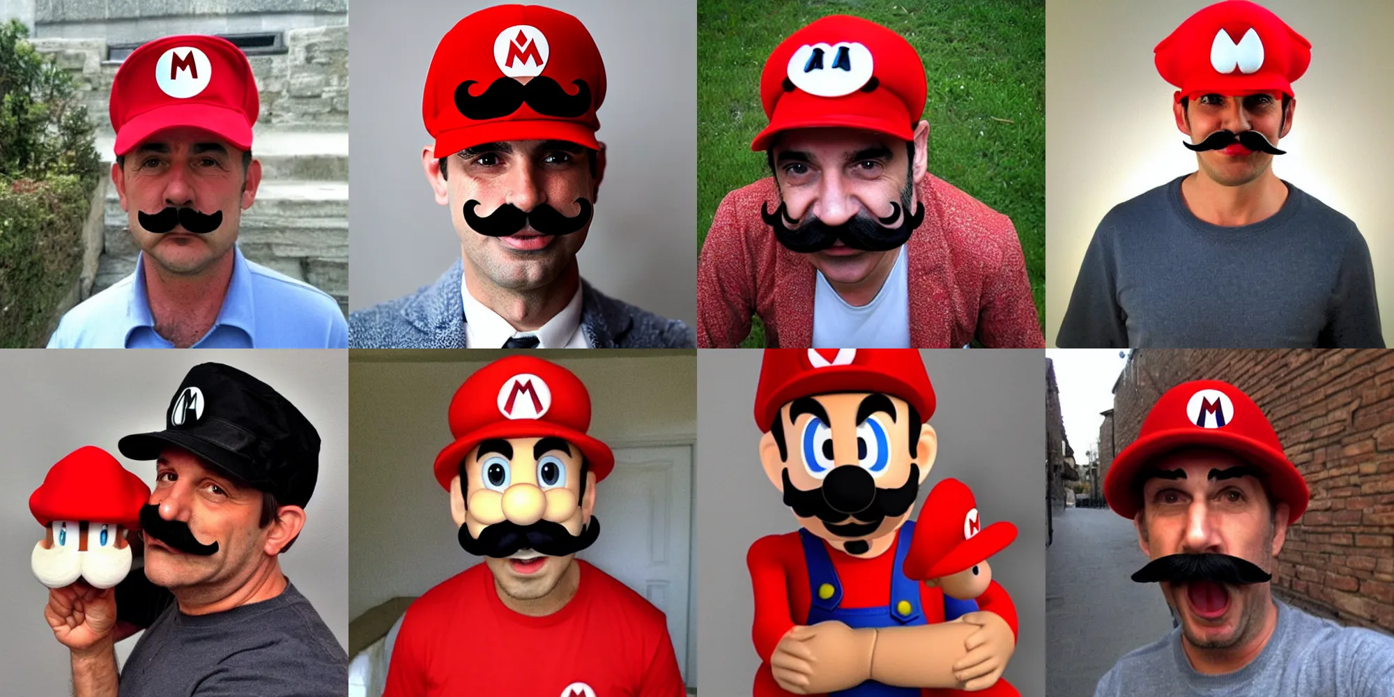 Prompt: italian man with a mustache dressed as mario wearing a solid red mario hat...