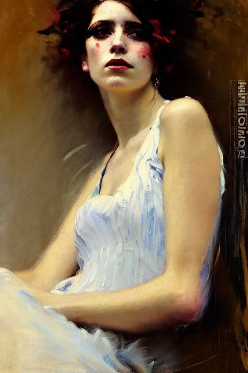 Image similar to impressionist brushstrokes!!!! solomon joseph solomon and richard schmid and jeremy lipking victorian loose genre loose painting full length portrait painting of a young beautiful woman punk rocker