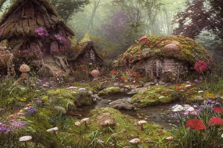 Image similar to wide angle view, a beautiful digital painting of a fairy house made of rocks and mushrooms by a stream, flowers, beautiful tranquil day, by greg rutkowski, gerald brom, marc simonetti, jean - baptiste monge, and alphonse mucha, symmetry, complementary colors, ink illustration, trending on artstation