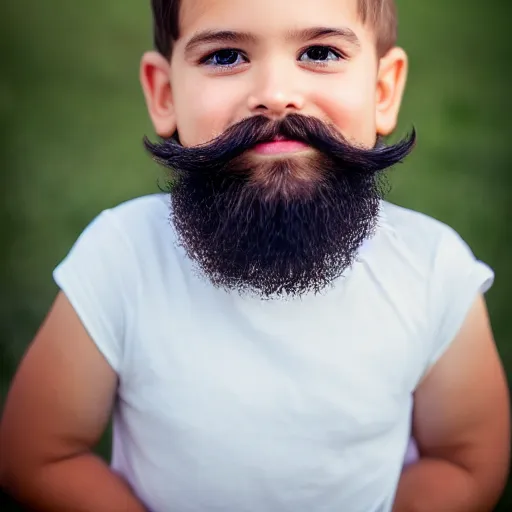 Prompt: small boy with beard and mustache looking at the camera and smiling