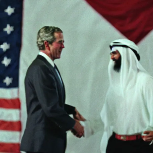Image similar to george w bush shaking hands with osama bin laden, 8k cinematic lighting, very sharp detail, anatomically correct