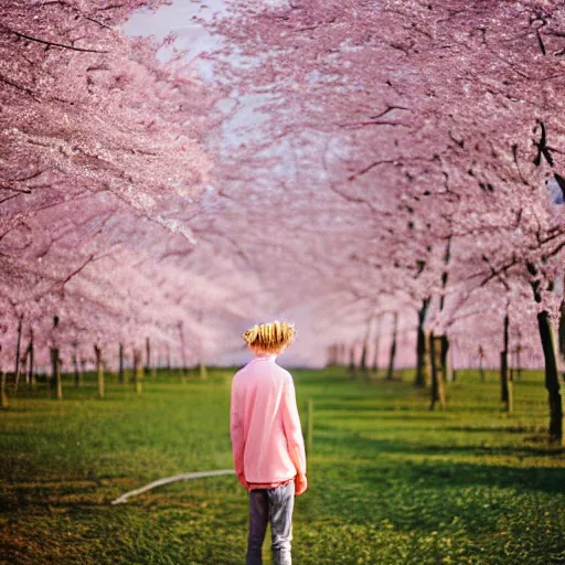 Image similar to kodak portra 4 0 0 photograph of a skinny blonde guy standing in field of cherry blossom trees, back view, flower crown, moody lighting, moody vibe, telephoto, 9 0 s vibe, blurry background, vaporwave colors, faded!,