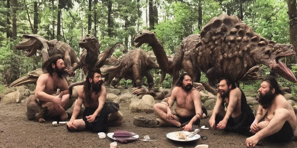 Image similar to photo, three hairy neanderthal people, sumo japanese, emma!! watson!! sitting among them, eating outside, surrounded by dinosaurs!, gigantic forest trees, sitting on rocks, bright moon, birthday cake on the ground, front view