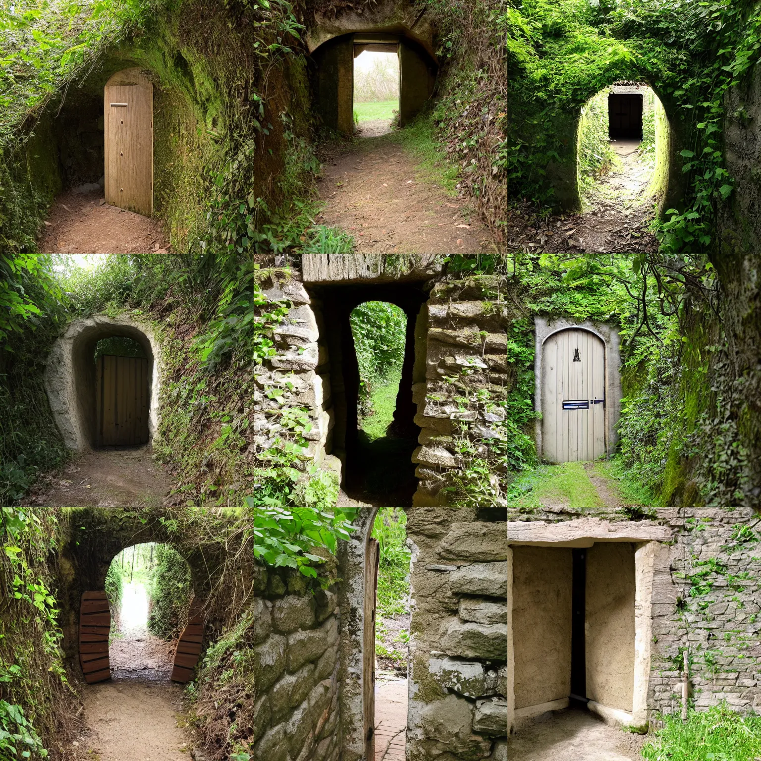 Prompt: a holloway (hollow-way) with a small wooden door hidden on the side