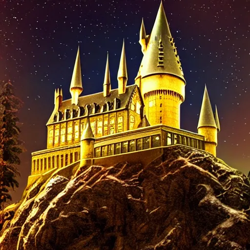Image similar to photograph of hogwarts at night, highly detailed, smooth, sharp focus, winter