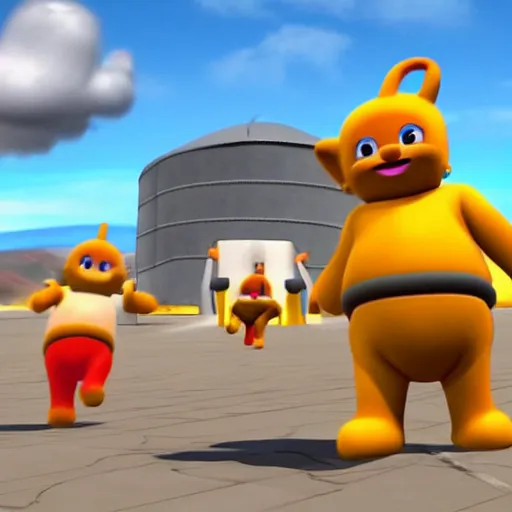 Image similar to popo from the teletubbies on the csgo map dust 2, source engine