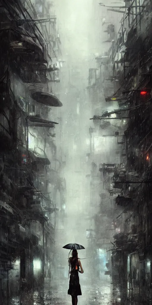 Prompt: a concept art landscape of a woman in the foreground, back to camera, standing in a claustrophobic alley of seedy futuristic city, standing in the rain with an umbrella, wet, emphasis on tall buildings, dirty, low angle, neotokyo, japanese by greg rutkowski, highly detailed background, intricate - n 9