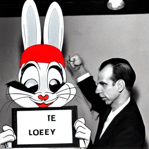 Image similar to bugs bunny as lee harvey oswald getting a mugshot taken