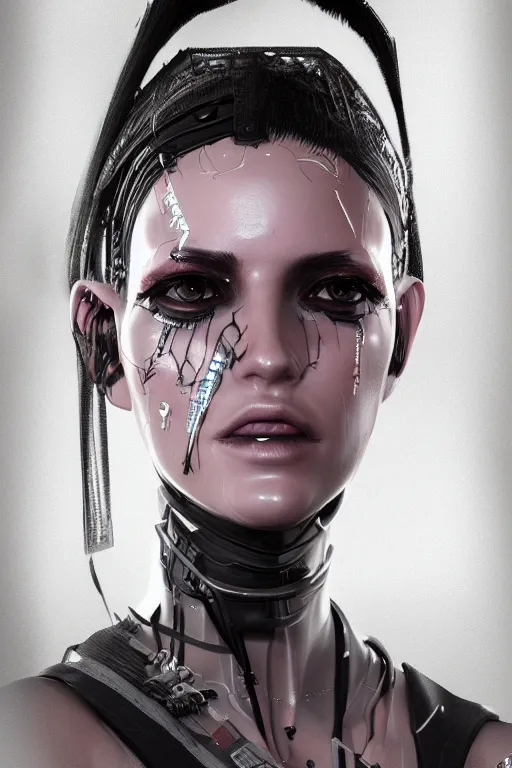 Image similar to a portrait of a cyberpunk fashion female model, detailed, realistic eyes, symmetry features proportions, intricate facial details, cybertech wear, synthwave, award winning, trending in cgsociety artstation deviant art