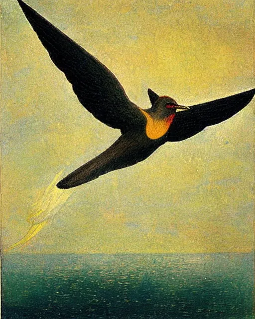 Prompt: calibri bird flies over the abyss Gustav Kilmt, symbolist, gold leaf, 1908