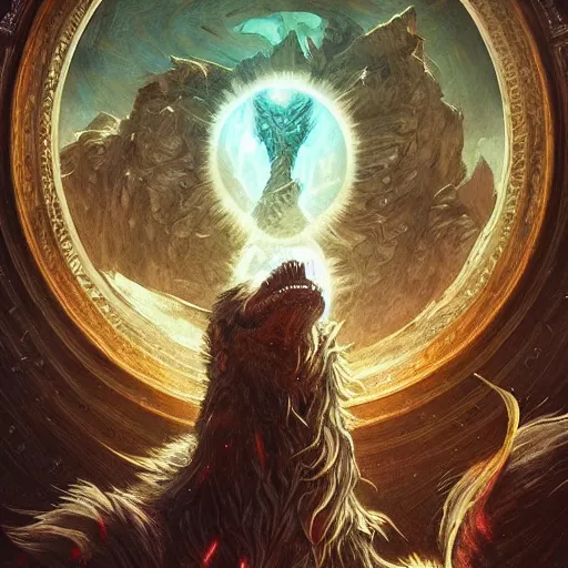 Image similar to “Fenrir devours an entire planet in apocalyptic event, mosaic window style, D&D, fantasy, intricate, cinematic lighting, highly detailed, digital painting, artstation, concept art, smooth, sharp focus, illustration, art by Artgerm and Greg Rutkowski and Alphonse Mucha”