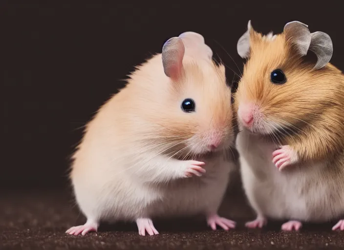 Prompt: photo of a two hamsters and their babies, cinematic color grading, various poses, soft light, faded colors, well framed, sharp focus, 8 k