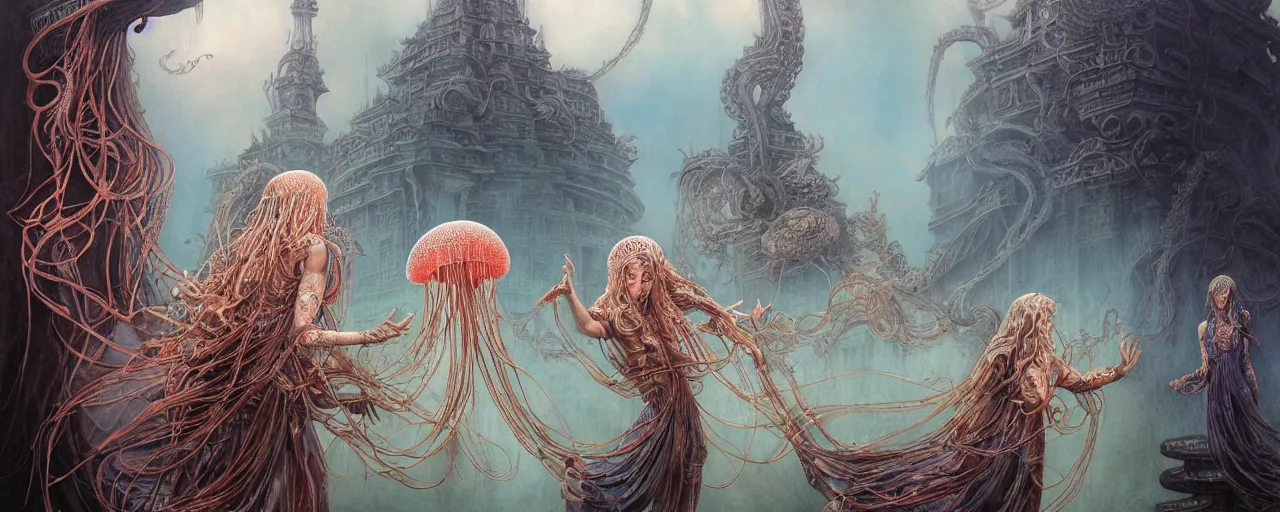 Prompt: A painting of priestesses worshipping at the jellyfish temple, shrouded in mist, jellyfish god, 8K, illustration, by Ayami Kojima, Amano, Karol Bak, Greg Hildebrandt, and Mark Brooks, smoke, cinematic, insanely detailed and intricate, hypermaximalist, elegant, super detailed, award-winning, mauve and cyan, mysterious, ancient, ritual, ethereal, trending in cgsociety, artstation HQ, ornate, elite, haunting, matte painting, beautiful detailed, insanely intricate details, artstation trending, divine proportion