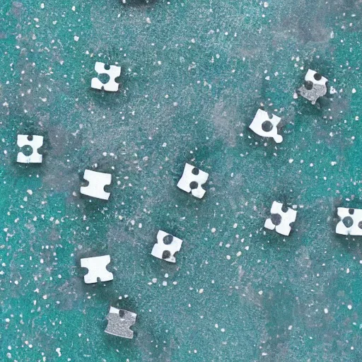 Image similar to Two interlocking puzzle pieces separated by one inch on a glittery surface, hi-res photo