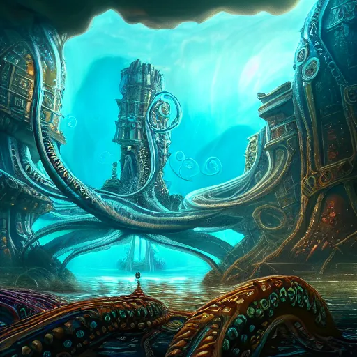 Image similar to beautiful digital fantasy illustration of an underwater city surrounded by tentacles, the forge of worlds, concept art by xul solar, two hands reaching for a fish, fractalism, high detail texture, unreal engine, 8 k, photographic quality, ultra hyper realistic quality, 8 k definiton, hyper - realistic, cinematic, cinematic lighting