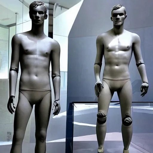 Image similar to “ a realistic detailed photo of a guy who is an attractive humanoid who is half robot and half humanoid, who is a male android, soccer player antoine griezmann, shiny skin, posing like a statue, blank stare, at the museum, on display ”